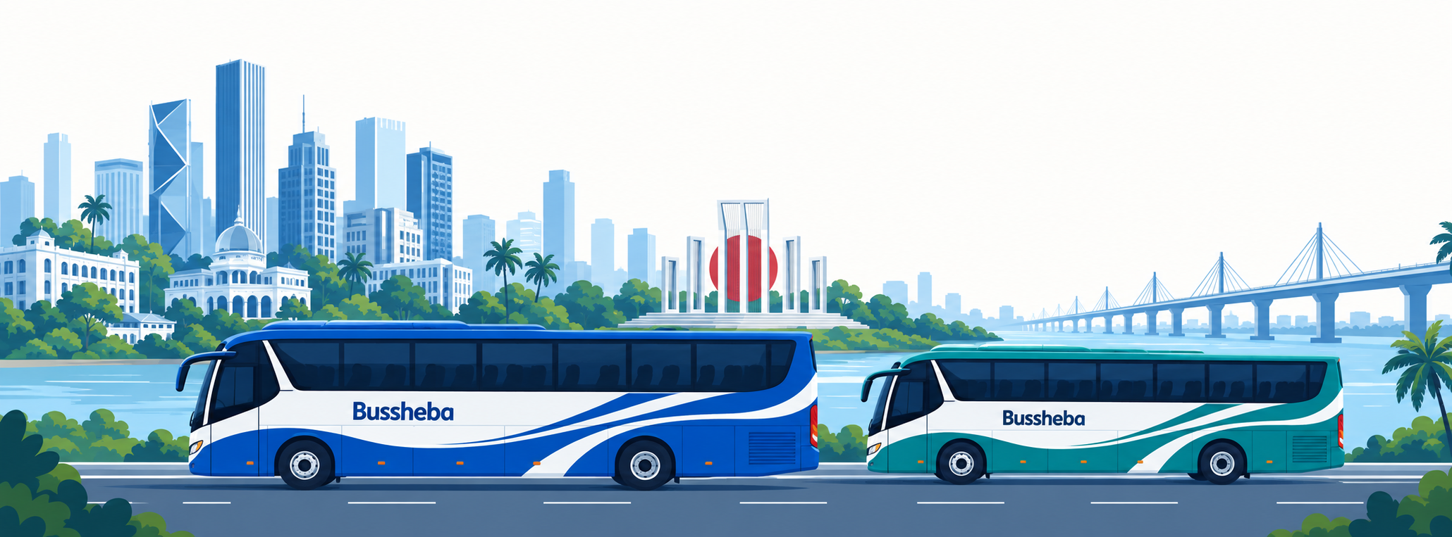 Illustration of two Bussheba coaches on a road with a Bangladesh city skyline behind them